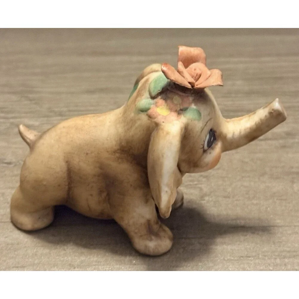 Vintage Porcelain Baby Elephant With Flowers On Head Anthropomorphic Korea